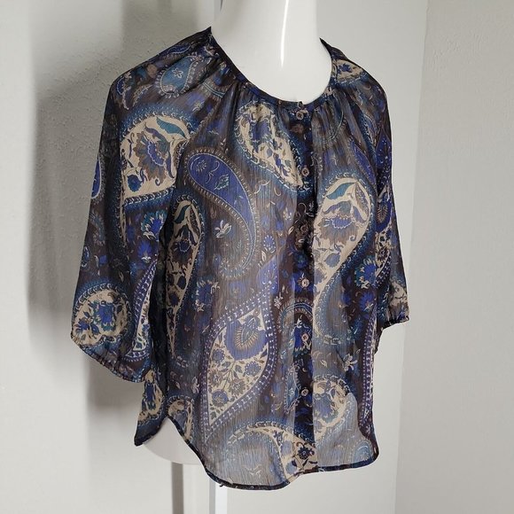 Collective Concepts Button Up Sheer Blouse ~ Sz S ~ Short Sleeve ~ Blue Paisley - Picture 2 of 5